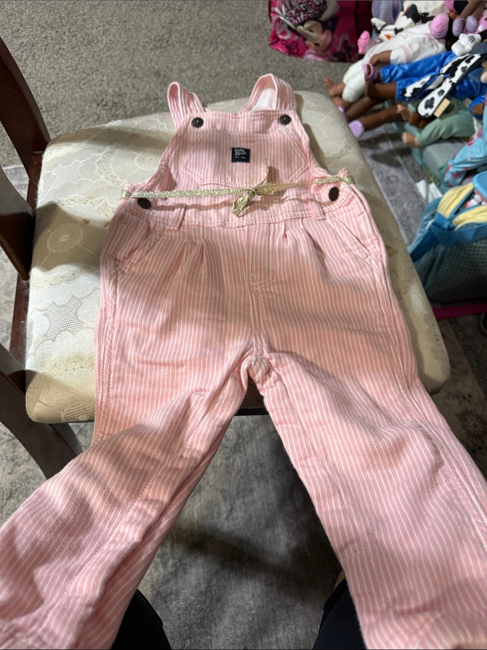 OshKosh B'gosh Pink Striped Girls Overalls with Gold Bow